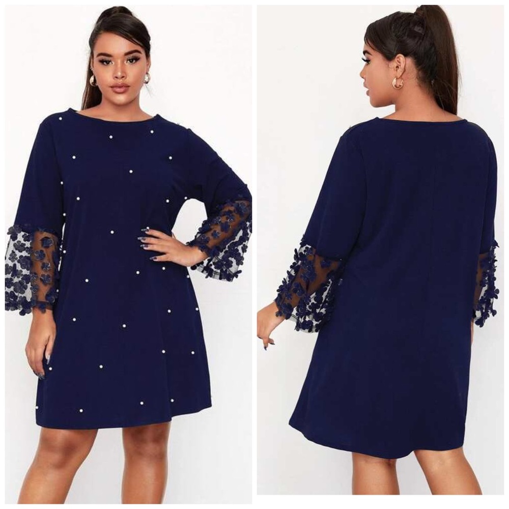 Shein Plus 2XL (16) Navy Pearl appliqué lace sheer appliqué flutter sleeves